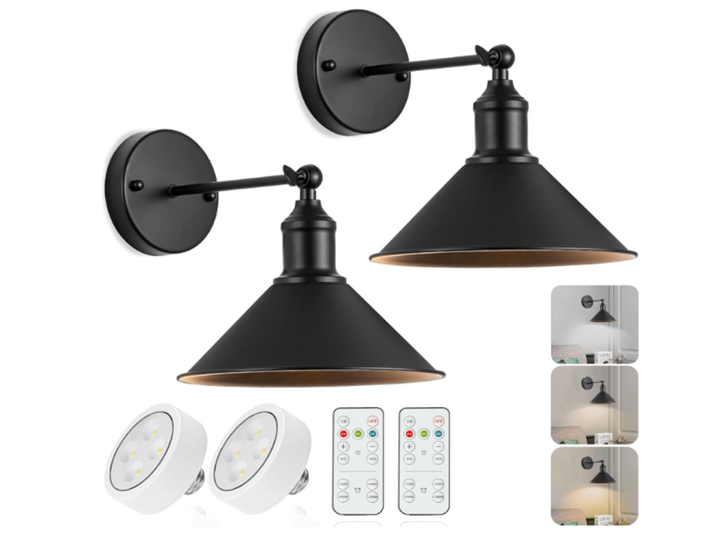 Black Wall Sconces Set of 2, Battery Operated Wall Lights Wireless NEW & Remotes
